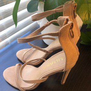 FINAL! NEUTRAL TAN FAUX SUEDE STRAPPY ANKLE HEELS